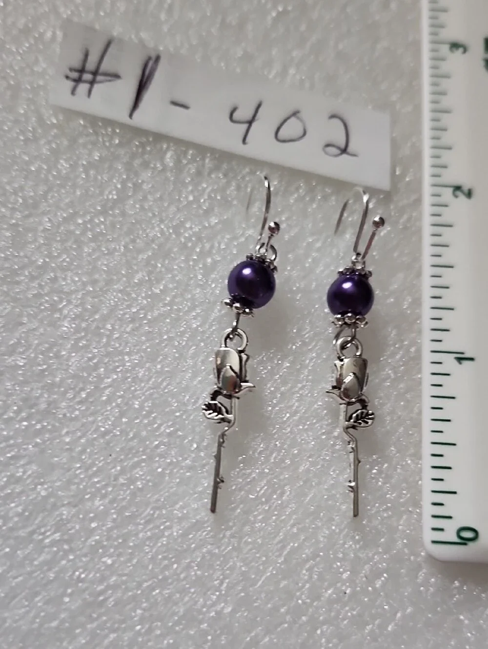 Hand Crafted Purple Pearl Rose Drop Earrings - Picture 4 of 4